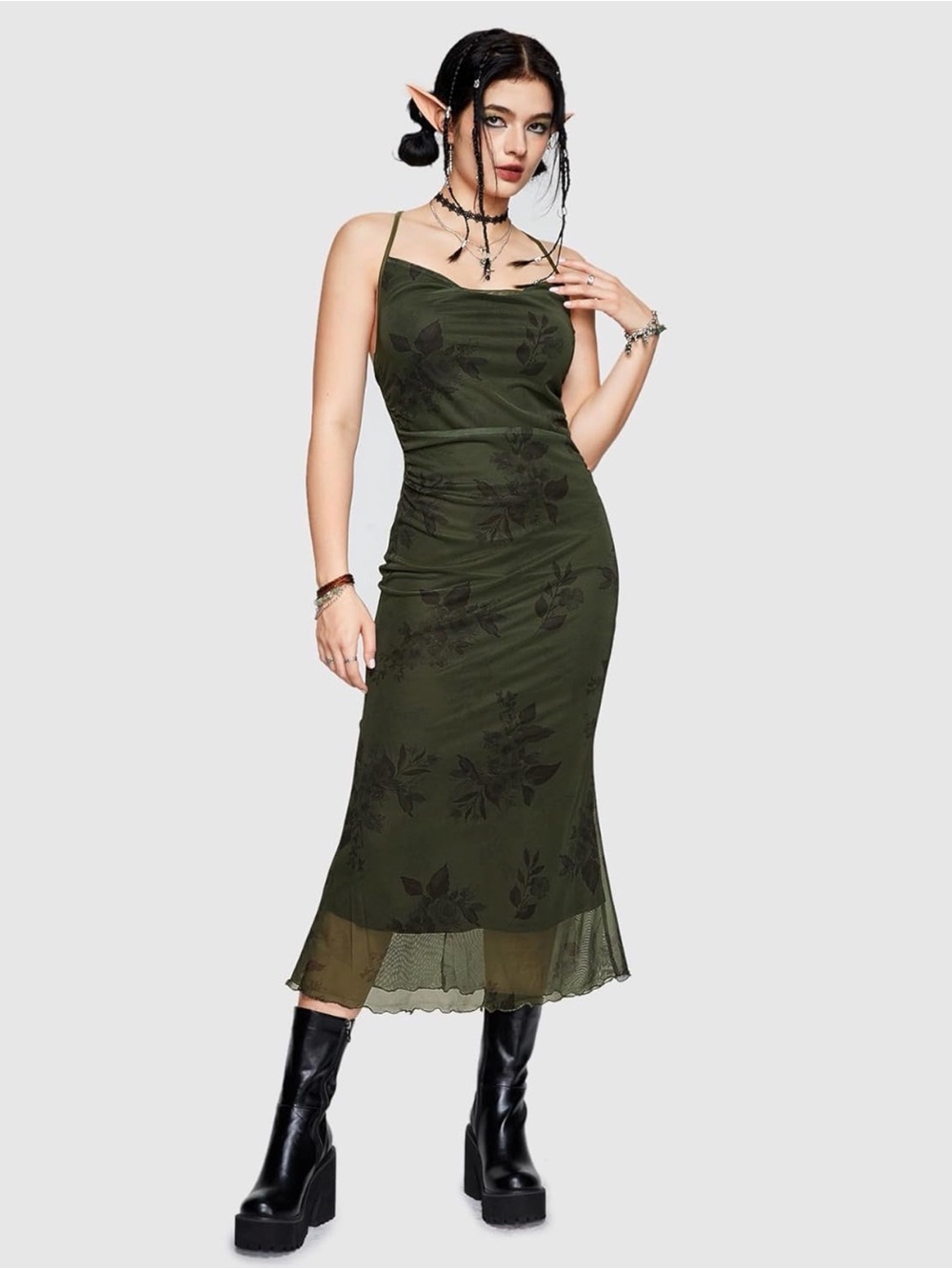 Olive Green Slip Midi Dress with Floral Sheerness